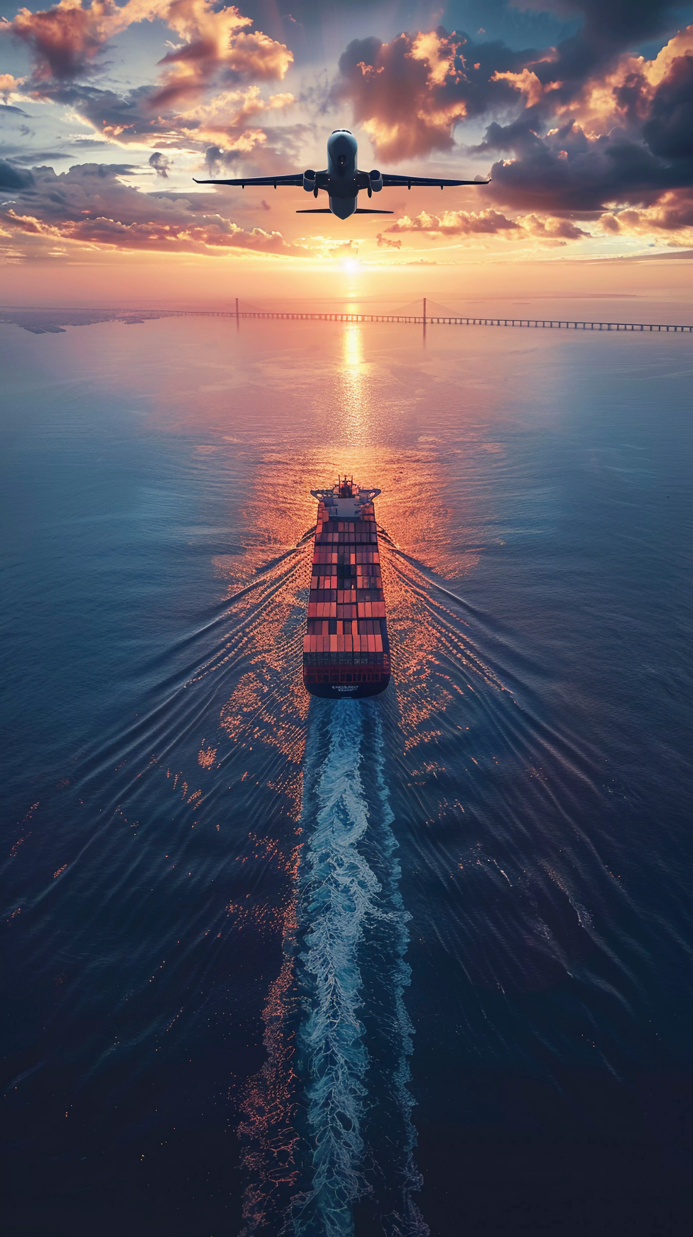 Ocean freight vessel at sunset